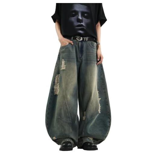 DFGIGT Calça jeans folgada hip hop para homens estilosa, pernas largas, skatista, calça jeans folgada, moda urbana, I20 Retro Azul, XGG