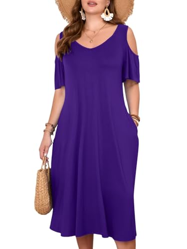 Image of LARACE Plus Size Women Dress for Summer, Midi Women's Sundress, Casual V-Neck Short Sleeve Flowy T-Shirt Dresses with Pockets