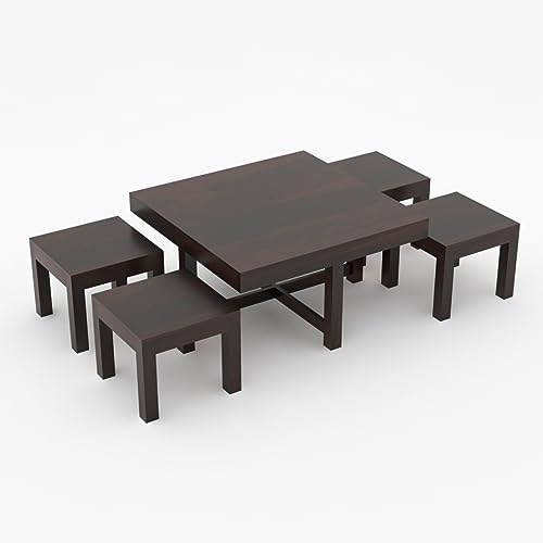 Image of Sheeshsam Wooden Coffee Table with 4 Stools for Living Room - Solid Wood Coffee Table with Seating Stools Tea Table Teapoy Center Piece for Home Sofa Center Table (Alving Walnut)