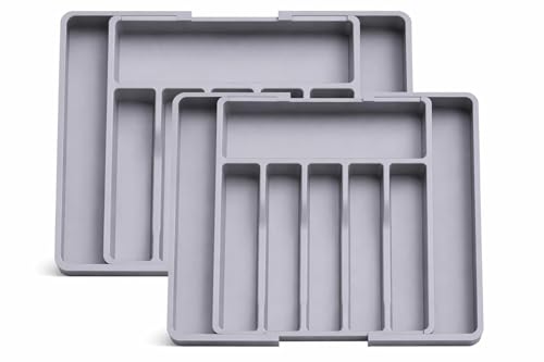 Image of Aroja Utensil Organizer for Kitchen Drawer, Gray, Pack of 2 | Expandable, Adjustable, Plastic, Cooking Silverware Tray