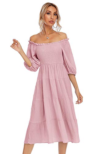 Image of R.Vivimos Women's Summer Cotton Lantern Sleeves Ruffled Off Shoulder A-Line Midi Dresses