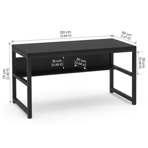 Image of Study Table for Home | with Under-Desk Storage Shelf | Wooden Industrial Computer Table for Home Office & Gaming | Rustic Wood & Black Metal Frame | Black | 120 x 60 x 75 cm