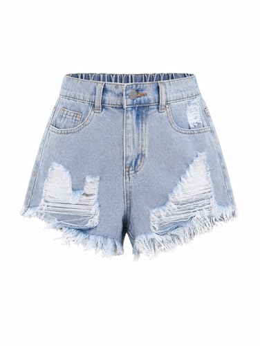 Ecolala Girls Ripped Jean Shorts Straight Leg High Waisted Denim Shorts with Pockets Blue 13-14 Years