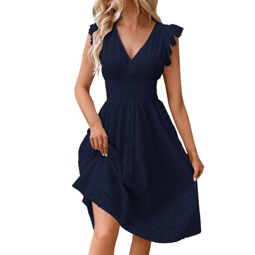 Robe Ceremonie Femme Pas Cher - Midi Dentelle Jacquard Ajardé Sexy à Col en V Couleur Unie Chic Bohème éTé Casual