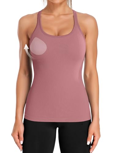 Image of ATTRACO Ribflex Ribbed Workout Tank Tops for Women with Built in Bra Racerback Scoop Neck Athletic Top