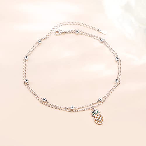 Image of Flyow Anklet for Women S925 Sterling Silver Adjustable Foot Beaded Heart Charm Ankle Bracelet Anklets Jewelry