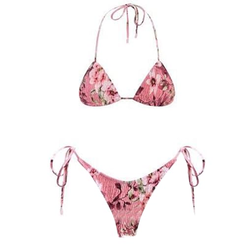 Conjunto de bikini de mujer genérico de 2 piezas, traje de baño para mujer, Tankini Halter ajustable triángulo Top Bikini Set estampado floral adelgazante Slimtaille Bass Swimwear con tanga