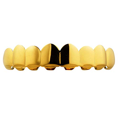 18K Gold Plated Stainless Steel Grillz - 8 Tooth Gold Teeth Hip Hop Dental Grill - 8 Top, 6 Bottom Set