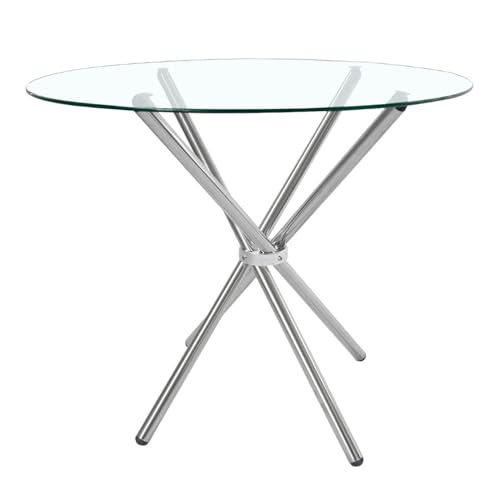 Warmiehomy Round Glass Dining Table With Silver Metal Legs, 90cm Small Kitchen Dining Table for Living Room Office Restaurants, 90x90x75CM