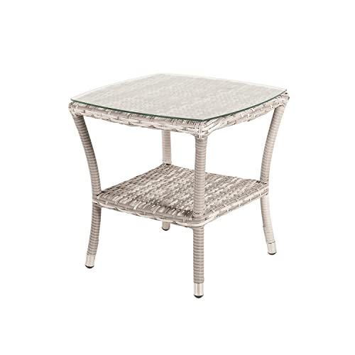 Mesa de terraza auxiliar, Medidas 50x50x55 cm, Aluminio y ratán sintético plano color gris, Cristal templado de 5 mm, mesita accesorio de salón, complemento de terraza, mesa pequeña para patio Cover