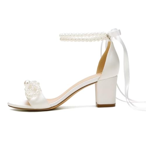 Pearl Heels Wedding Shoes - Block Heel Bridal Sandals with Open Toe and Bow3