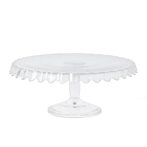 Image of Martha Stewart Watercrest Glass Cake Stand, 10.2 Inch Footed Pedestal Cake Plate with Scalloped Ruffled Edge, Clear Handmade Glassware for Weddings, Parties, and Dessert Display
