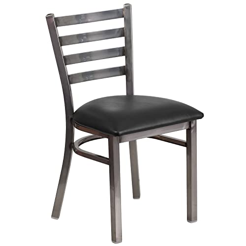 Image of Flash Furniture HERCULES Series Clear Coated Ladder Back Metal Restaurant Chair - Black Vinyl Seat