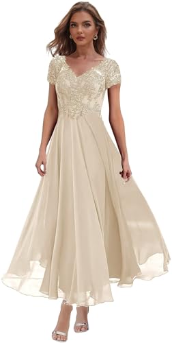 Tea Length Mother of The Bride Dresses with Sleeves Lace Appliques Formal Dress for Women Wedding Guest