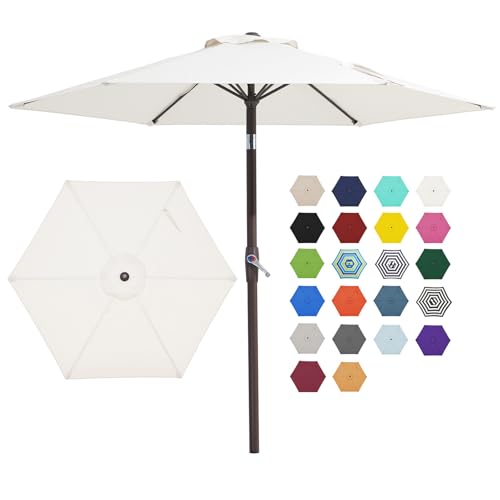 JEAREY 7.5FT Patio Umbrella Outdoor Market Umbrella with 6 Sturdy Ribs Push Button Tilt/Crank Table Umbrella for Garden Deck Backyard and Pool Cream White