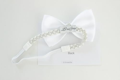 0-12 Newborn Baby Baptism Pearl Headband with Bow in WHITE Christening Headband with Satin Bow, Pearl Rhinestone Band(White,6-12Months)4