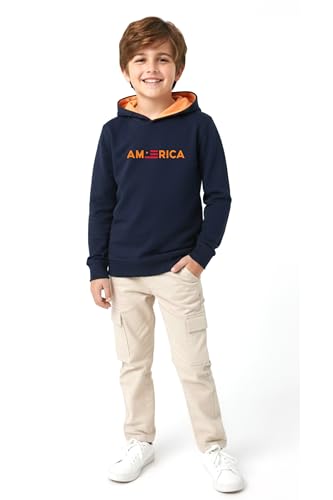 Image of Boys Hooded Sweatshirt, America Print, Cotton Blend, Long Sleeve, Navy Blue /Pink /Orange, Regular Fit