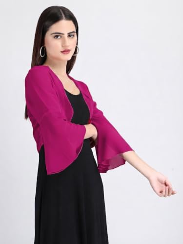 Image of AOL Women's Cropped Layered Lightweight Sheer Three-Fourth Bell Sleeves Georgette Open Neck Shrug Bolero