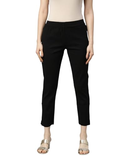 Image of MINELLI Women Solid Cigar Pants, Cotton Lycra Slub Fabric, Elasticated Waistband, Pull On Style, Regular Fit Bottom Wear for Western and Ethnic Wear