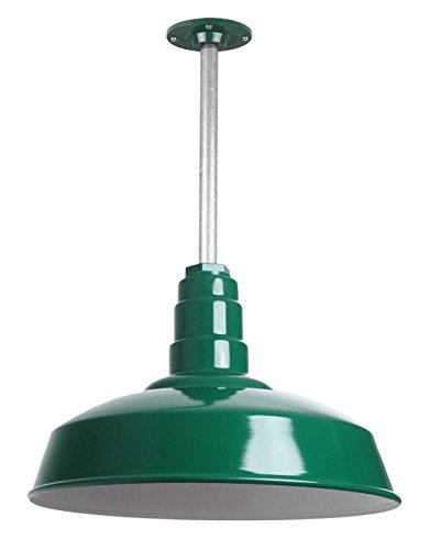 Image of Steel Lighting Co. Carson Barn Light | Ceiling Mounted Pendant | 16 inch Dome | 12 inch Stem | Industrial Style Steel Light Made in America | Green Exterior /White Interior