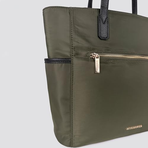 Image of Accessorize London Women's Olive Green Kimberly Nylon Zippered Tote | water-resistant Shoulder Bag | Stylish Casual & Travel Handbag