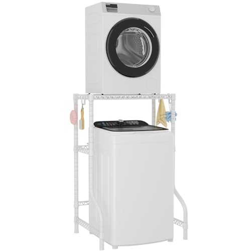 ULIFHOME U16 Upgraded Washer Dryer Stacking Rack for Narrow Laundry Room and Bathroom, Metal Over Washer and Dryer Storage Shelves for Saving Space, 29.5' W x 23.6' D x 53.1' H, White