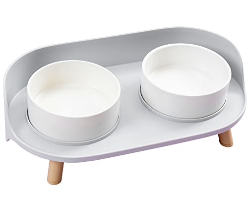 ペットボウル 食器台 犬用 猫用 脚付 水飲みボウル フードボウル 陶器製 かわいい フードボウル スタンドセット ペット用品 セラミック 給水器 ペットボウルスタンド 猫 中小型犬 エサ入れ2口食器付 ダブル食器 (プレミアム灰色)