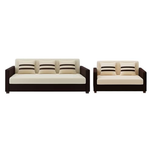 Image of FURNY Lifestylio 5 Seater Fabric 3+2 Sofa Set (Cream-Dark Brown) Premium Velvet Finish | Ideal for Living Rooms, Offices