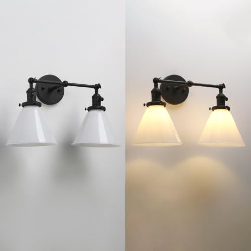 Image of Double Sconce Vintage Industrial Black 2-Lights Wall Sconces with Funnel Flared Glass Milk Glass Shade Antique Scocne for Bathroom Living Room Home Office