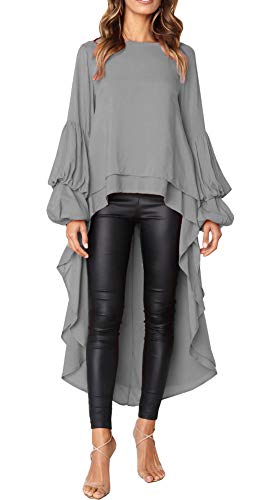 Kedera Womens Blouses and Tops Ruffle Long Sleeve Asymmetric High Low Club Shirt Dress Gray