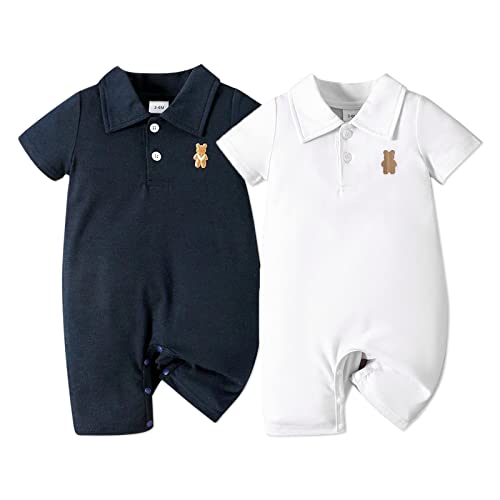 Image of PATPAT Baby Boy Rompers Outfits Baby Boy Polo Short Sleeve Snap Rompers Toddler Boys Onepiece Romper 2 Packs