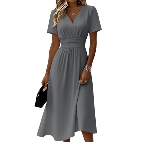 Damen Kleider Lang Tailliert Curvy Sommerkleid Leicht A Linie Midikleid Elegant Festlich Sommer Kleid V Ausschnitt Hohe Taille Damen Sommerkleider Luftig Kurzarm Strandkleid Midi