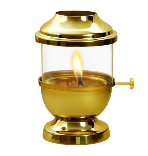 Image of Akhand Jyot Diya Large Size (200 ml Oil Capacity) | Adjustable Bati Knob, Wick Lifting Screw Lever, Glass Cover | Burns Continuously Up to 48 Hours | Wick Included (Large)