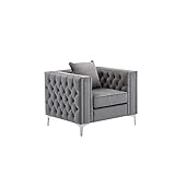 Lilola Home Lorreto Gray Velvet Chair, Nailhead Trim, Button Turfed with Chrome Metal Legs