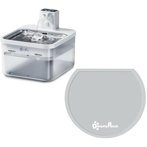 DownyPaws Battery Operated Cat Water Fountain Stainless Steel White with Waterproof Silicone Cat Feeding Mat Light Gray Cover