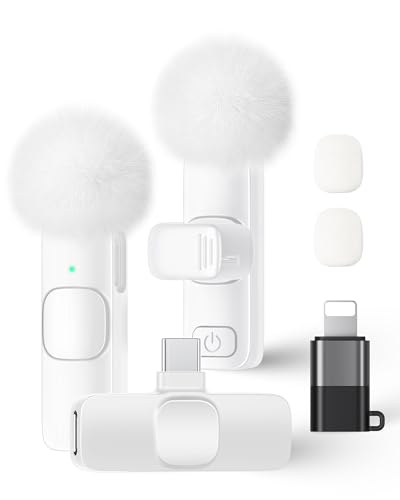 Image of Wireless Lavalier Microphone for iPhone iPad and Android Phone, 2 Pack Lapel Mic Plug and Play Wireless Mic Noise Reduction Microphone for Video Recording Interview Podcast Vlog YouTube (White)