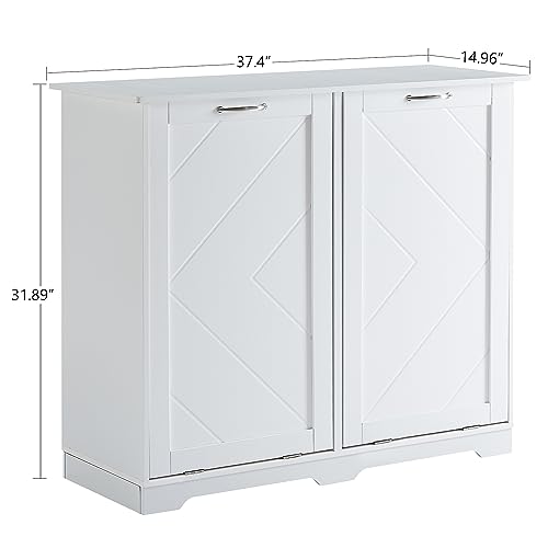 VECELO Double Tilt Out Kitchen Trash Bin Cabinet Dog Proof Garbage Can with Wood Holder Free Standing Recycling, White