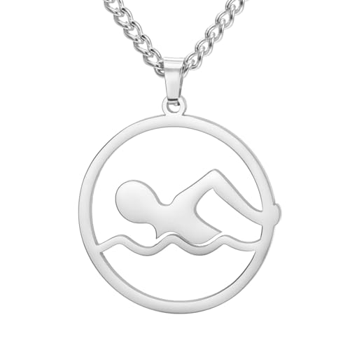 TEAMER Collana di nuoto Ciondolo del nuotatore Gioielli di sport acquatici in acciaio inox per il nuotatore Amante squadra di nuoto Coach (Collana da nuoto - Argento)