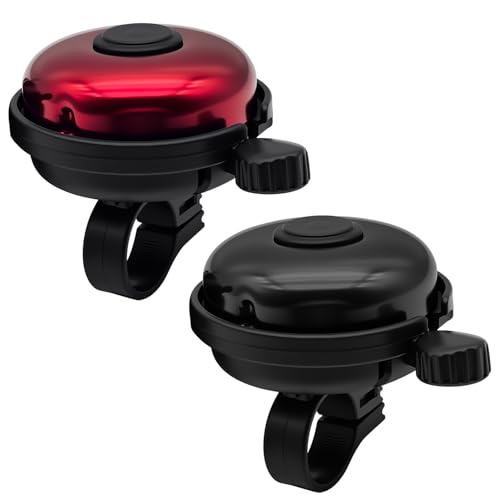 2 Pack Classic Bike Bell, Aluminum Bicycle Bells for Adults, Bike Bicycle Horn with Loud Crisp Clear Sound, Easy to Install Cycling Accessories for Mountain Road and Commuter Safety (Black & Red)