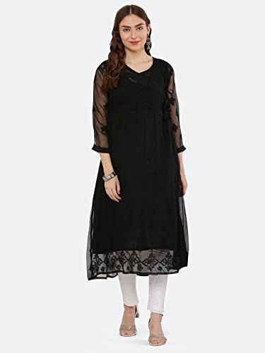 Image of FAWOMENT Ethnic Designer Angarkha A-Line Georgette Kurta with Exclusive Hand Embroidered Lucknowi Chikankari for Women