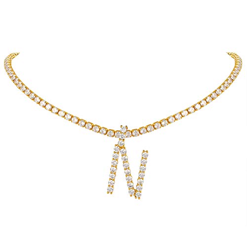 FindChic Bling Fully CZ Tennis Chain Initial Necklace for Women 16'' Butterfly Choker 18K Gold Plated Simulated Diamond Cubic Zirconia Letter Necklace