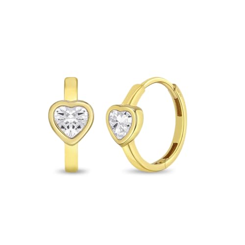 14k Yellow Gold Cubic Zirconia Sparkling Heart Hoop Earrings For Little Girls & Preteens 9mm - Tiny Hoop Earrings For Young Girls With Heart CZ's - Heart Shaped Children's Jewelry