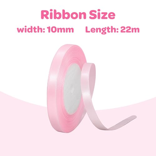 10mm x 22 Meters Baby Pink Ribbon,Double Sided Polyester Pink Ribbon for Gift Wrapping,Thin Satin Ribbon,for Christmas,Wedding,Birthday,Valentine,Bouquets,Car,Hair Bow,DIY Crafting,Party Decoration
