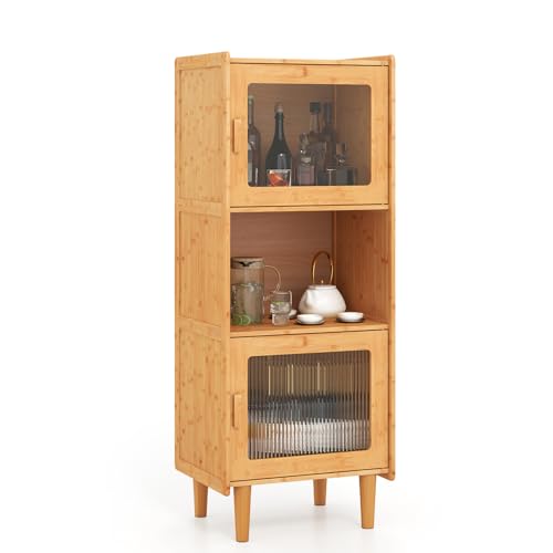 KOMFOTTEU Buffet en Bambou avec 1 Cube & 2 Armorie à Porte en Acrylique, Meuble Cuisine avec Dispositif Anti-basculement, Colonne de Cuisine, 49,5 x 40 x 130...
