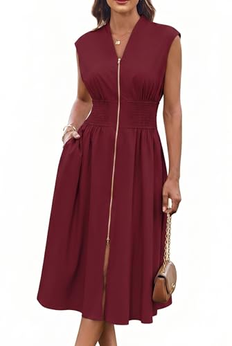 Image of GRACE KARIN Womens Summer Casual Dress, Business Office Work Dresses, Cap Sleeve Zipper Front Flowy Midi Dress with Pockets