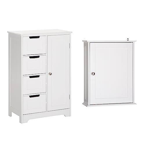Sophia & William Bathroom Cabinet Set with Adjustable Shelves, Bathroom Floor Cabinet with 4 Drawers and 1 Door, Bathroom Wall Cabinet Medicine Cabinet with 1 Door
