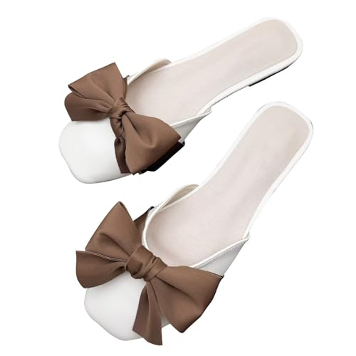 WENJIAZHIZHI Women's Bowknot Square Toe Ballet Flats Casual Dress Flat Shoes Comfortable Walking Slip-On Mules