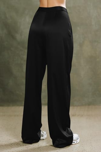 GOKATOSAU Women's Casual Wide Leg Pants High Waist Pleated Satin Straight Long Trousers2