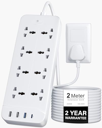 Image of FEDUS Surge Protector, 8 Universal Sockets with USB Port Type A & C, 2 Meter 6.5 Feet Long Cable, Extension Board Cord, Automatic Overload Protection, Fireproof Power Strip Switch Board, Spike Guard