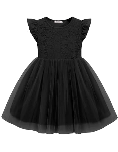 Arshiner Toddlers Black Tulle Dresses Flower Wedding Party Birthday Formal Funeral Lace Tutu Ruffle Sleeve Summer Toddler Girls Dress 5t